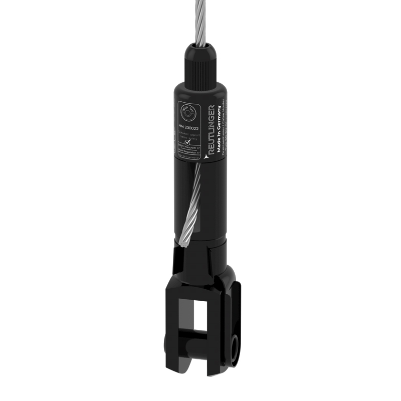 Drahtseilhalter Typ 50 SV III ZW, Gabel 14x28 und Sicherungsbolzen, mit seitlichem Seilausgang, schwarz