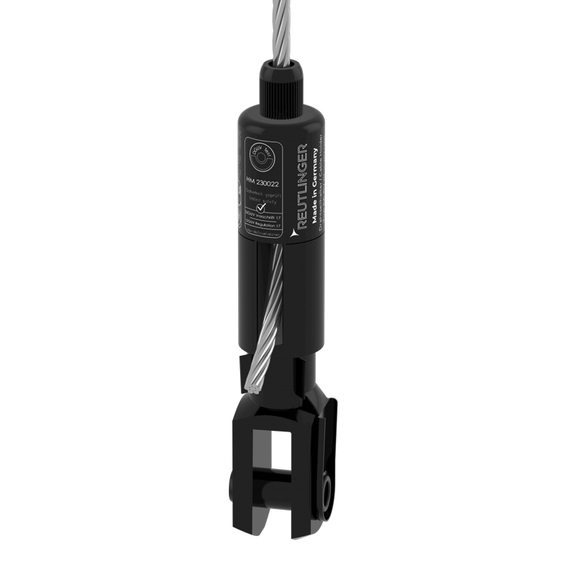 Drahtseilhalter Typ 66 SV III ZW, mit Gabel 16x32, Sicherungsbolzen, mit seitlichem Seilausgang, schwarz