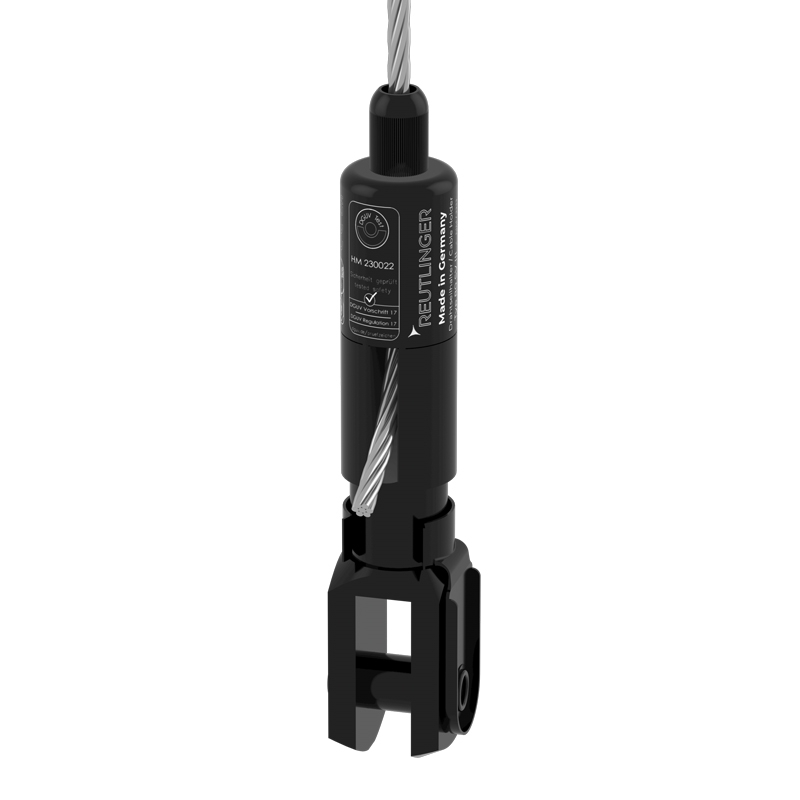 Drahtseilhalter Typ 80 SV III ZW mit Gabel 20 x 40 und Sicherungsbolzen, mit seitlichem Seilausgang, schwarz