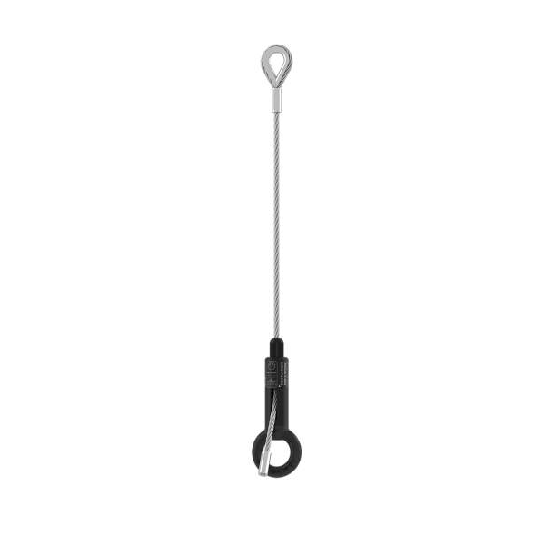 Set zur Diebstahlsicherung bestehend aus Drahtseilhalter Typ 50 SV III ZW, Ring und Drahtseil ∅ 5,0mm, Schlaufe mit Kausche und Alupressklemme montiert