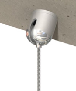 Schrägdeckenhalter Typ10 Kombination aus Deckenplatte Ø 11 mm mit M6i, Kugelkappe und Drahtseilhalter Typ 10